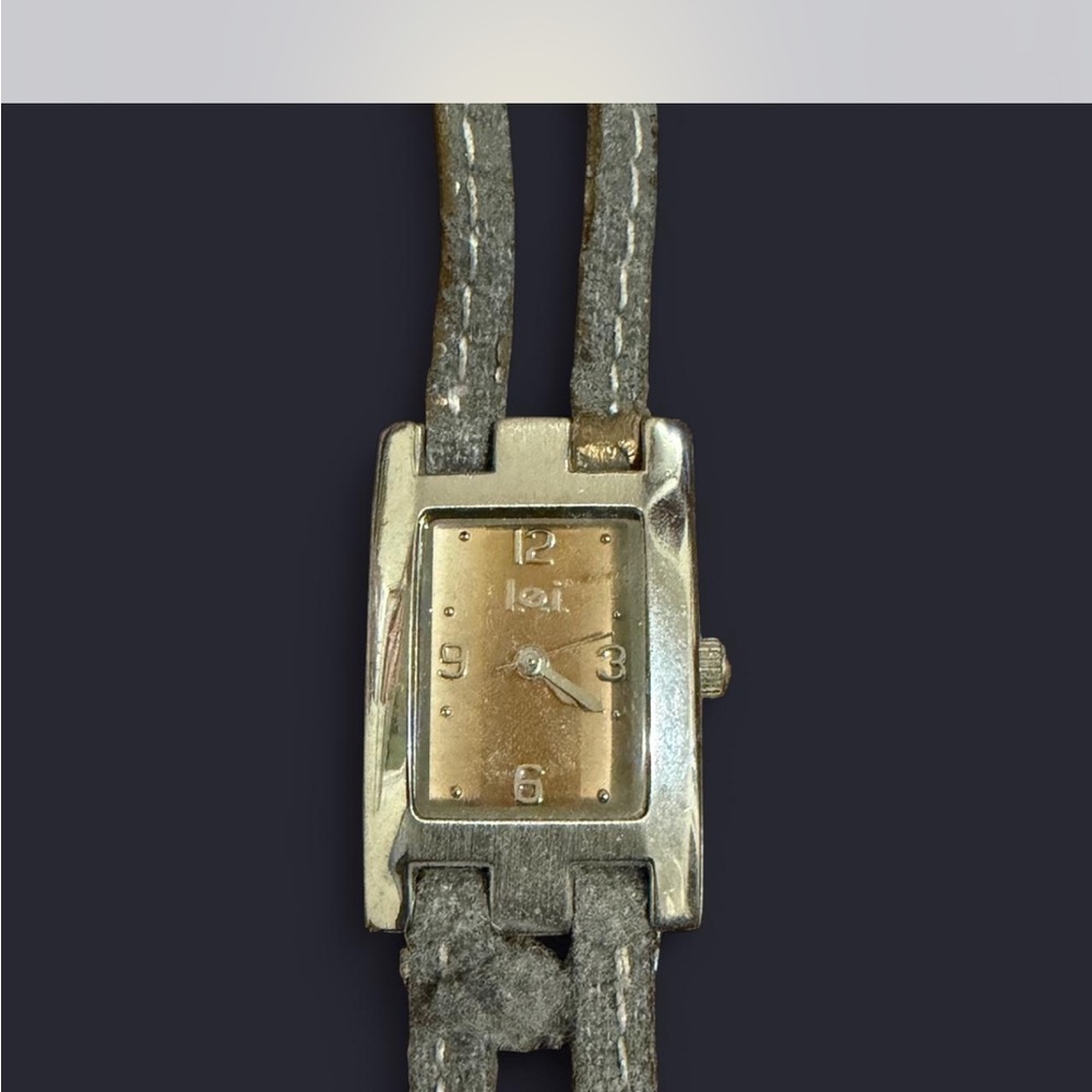 Quartz Rectangular Gold Dial Wristwatch with Double Leather Strap